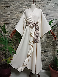 Kimono, Tesettür Abaya, Krem, Suzanna Krepten, Uzun Abaya.