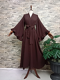 Uzun Kimono Abaya Medine İpeğinden Kahverengi